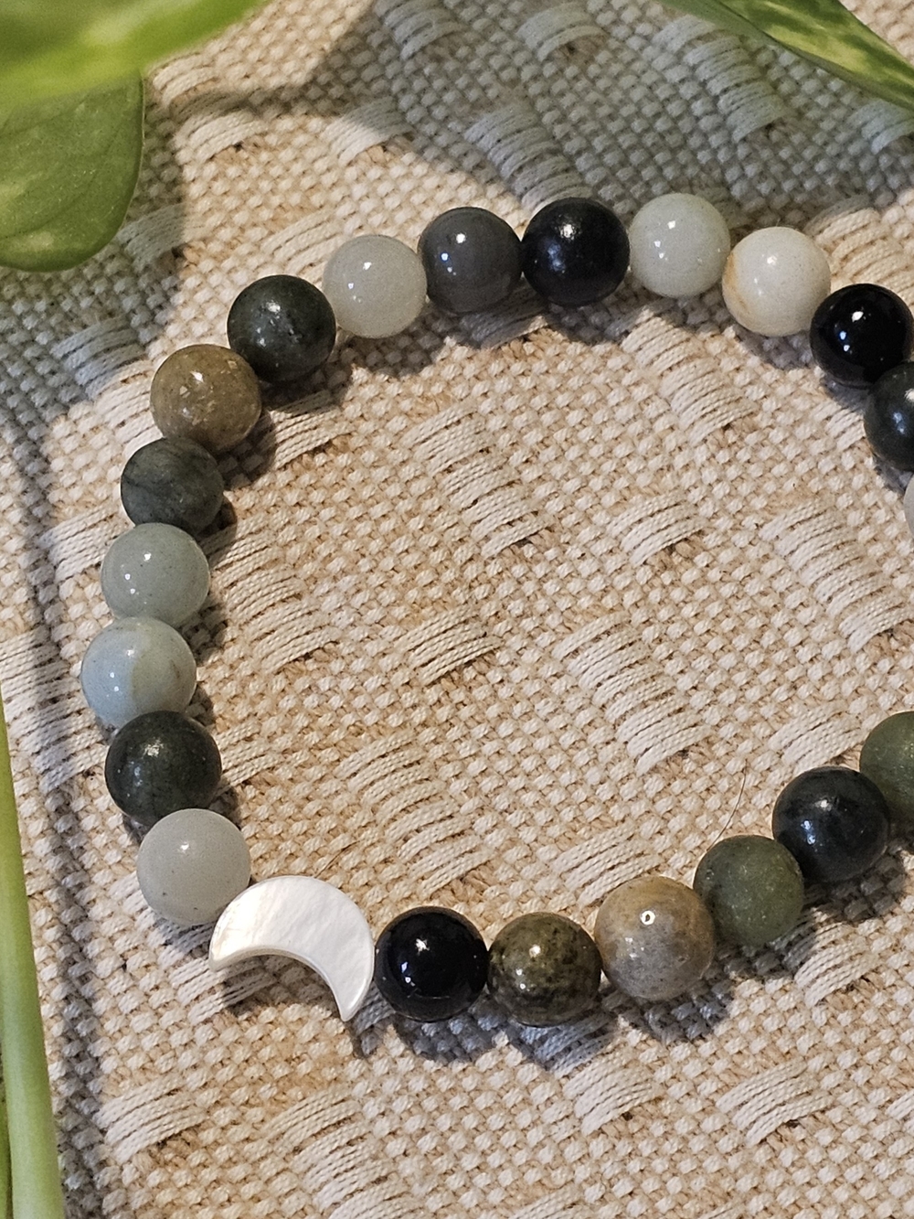 Earth Tone Grounding Moon Accent Bracelet - Green and Black Beads